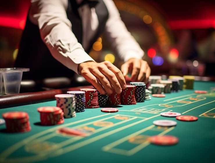 Player view of Evolution Gaming baccarat table on extrawd showing dealer, cards, betting controls, and live chat interface